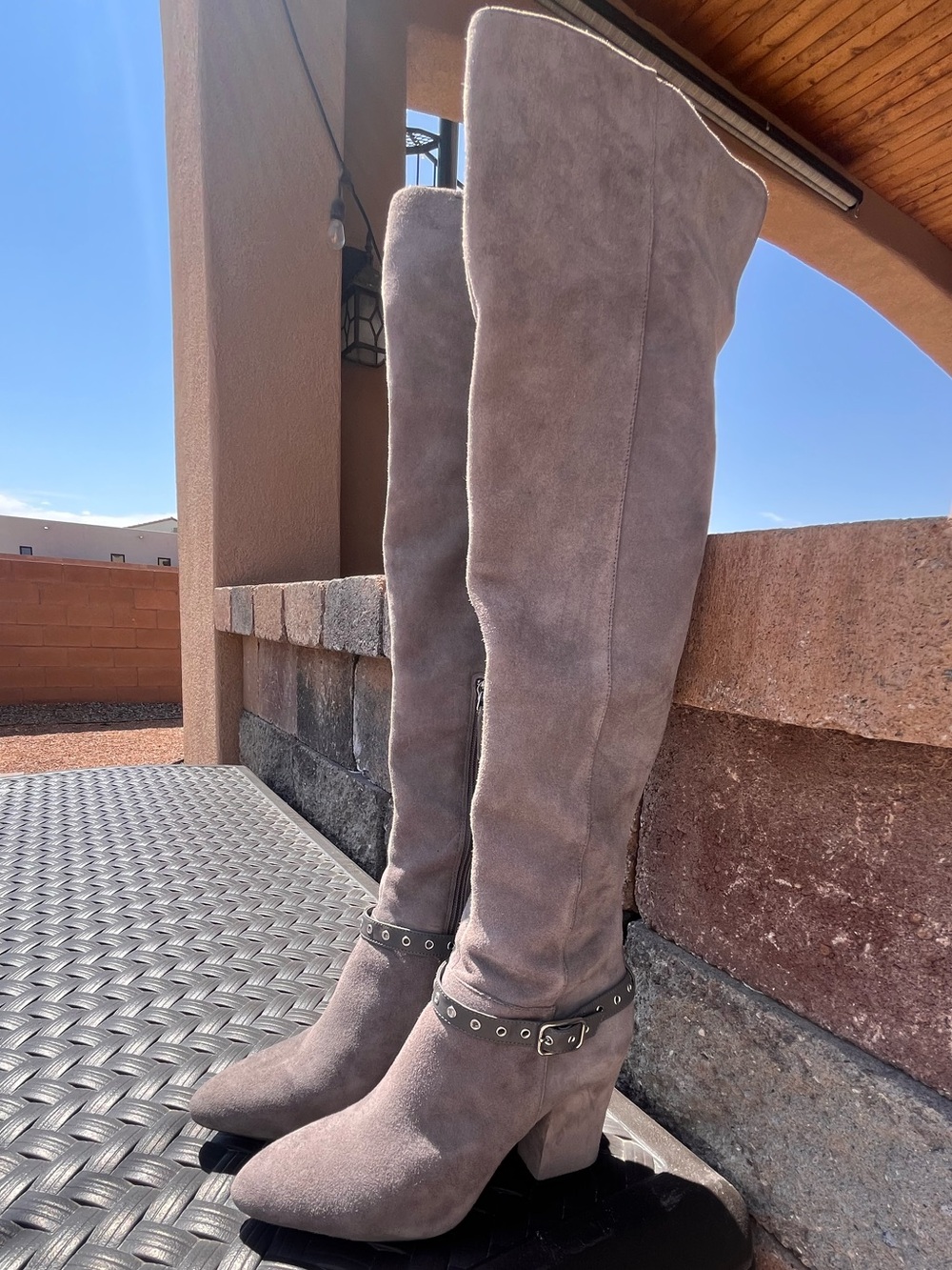 Nine West Taupe Suede Over-the-Knee Boots with Studded Ankle Strap